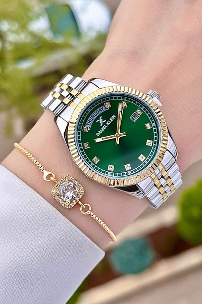 Daniel Klein Green Gold and Silver Colored Band Calendar Wrist Watch and Bracelet - Dkgnct1085