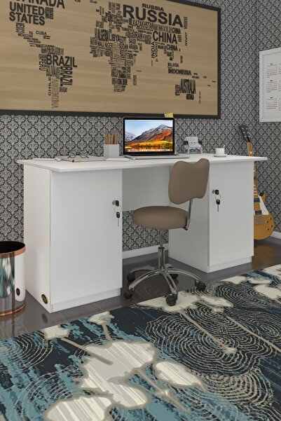 Kenzlife Ofis Masası Masi Oka Byz 75*160*80 Kilitli Kapaklı Dolap Çiftli Bilgisayar Çalışma Masası