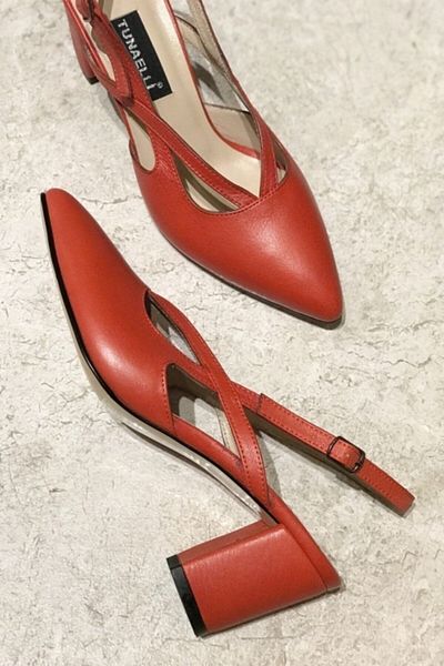 TUNAELLİ Red Genuine Leather Women's Heeled Shoes - Number 34-35-41-42