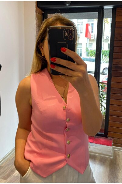 AlyaTeks GOLD DÜĞMELİ İÇ ASTARLI YELEK PEMBE