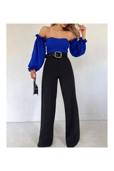 BERNEO Pantaloni largi din material negru cu centură în talie