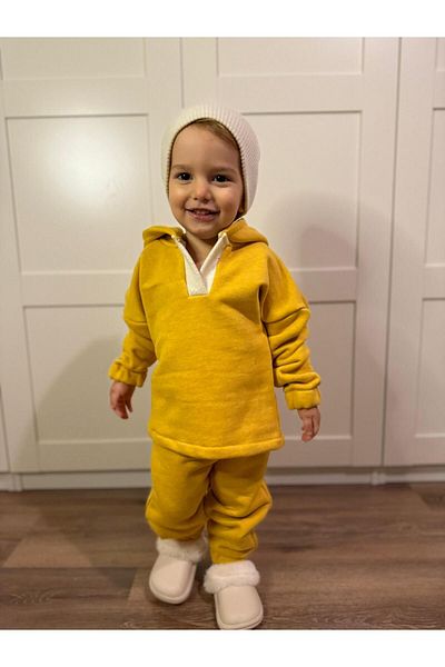 bohemiankids baby wear Three Thread Knitted Hooded Set Mustard