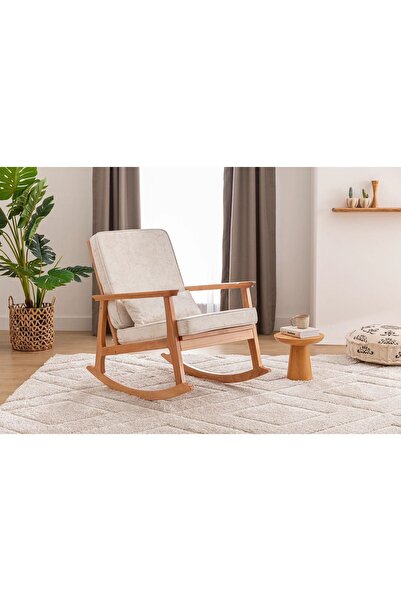 Asedia İskandinav Naturel Krem Minderli Puflu Sallanan Sandalye Dinlenme Kolt...