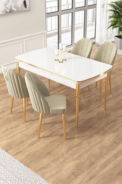 Canisa Edaf Serisi 80x132 Açılabilir Beyaz Mutfak Masa Takımı 4 Krem Sandalye...