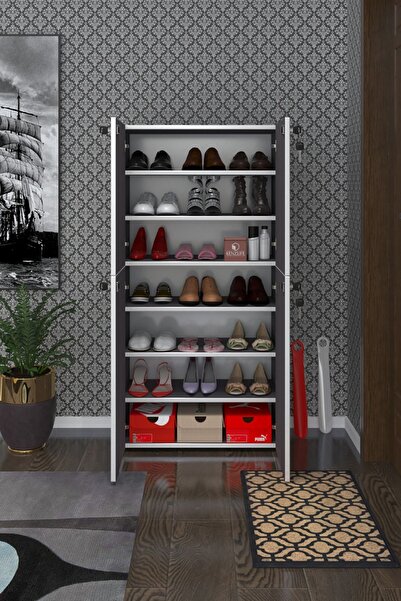 Kenzlife Ayakkabılık Ayakkabı Dolabı Kilitli Be Real Gri 140*70*32 Kapaklı Arkalıklı Ofis Dolabı İki Bölme