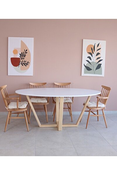 woodywood Yemek Masası Oval Beyaz Ahşap Model Mutfak Masası Ofis Çalışma Masası Şık Balkon Özel Tasarım 108 Cm