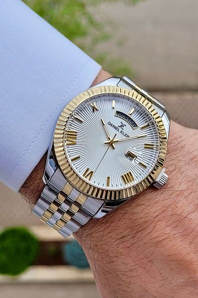 Daniel Klein Gold Silver Color Adjustable Band Calendar and Day Function Men's Wrist Watch Dkgnct1065