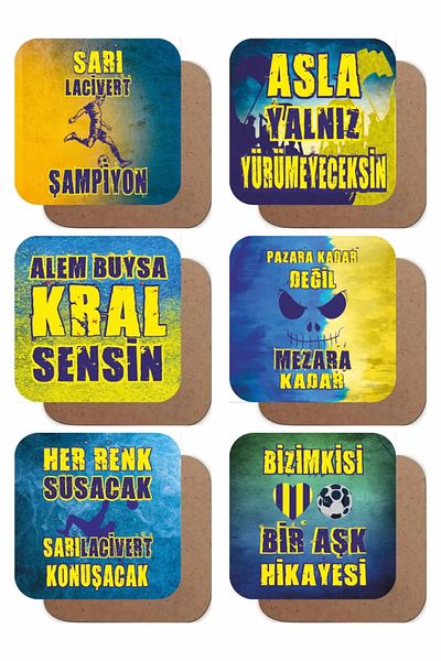 Major Selection طقم كرة قدم مكون من 6 قطع باللون الأصفر والأزرق الداكن - طقم كوب وقاعدة خشبية لتزيين المطبخ