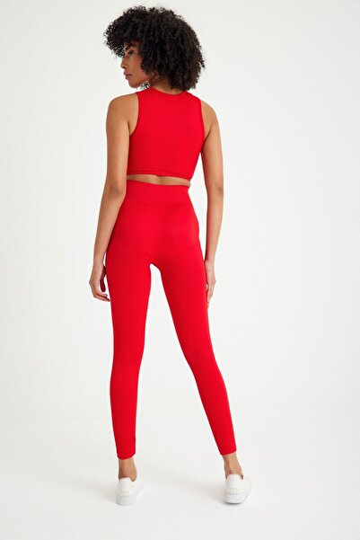 SAY Sportswear Kırmızı Yüksek Bel Toparlayıcı Fitilli Tayt - Crop Top Takım