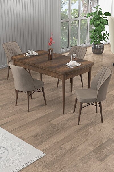 Canisa Uzi Serisi Barok Ahşap Desen 80x132 Açılabilir Mutfak Masası Takımı 4 ...