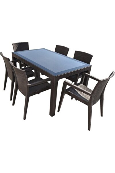 Antdecor Rattan 90x150 Camlı Masa 6 Rattan Koltuk Takımı Kahve