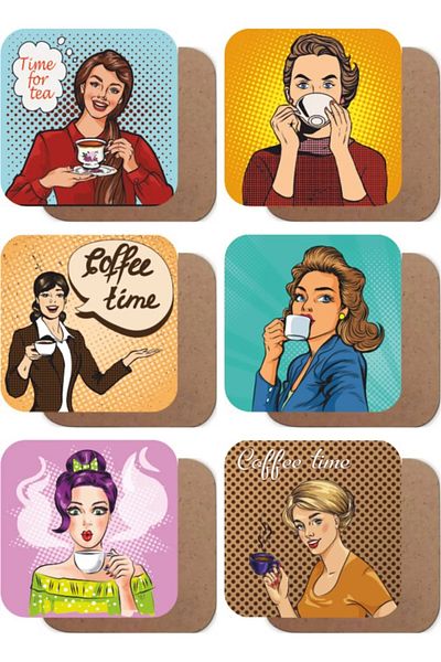 Major Selection طقم قاعدة أكواب خشبية للنساء مكون من 6 قطع من Pop Art - قهوة الشاي