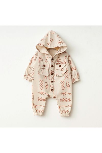 Baby Fou Brown Ethnic Pattern Long Sleeve Jumpsuit