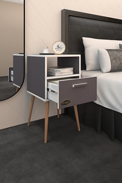 Kenzlife Komodin Budurgan Gri 74*39*39 Ahşap Ayaklı Raflı Çekmeceli Komidin K...