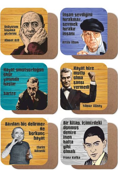 Major Selection مجموعة أكواب خشبية مكونة من 6 قطع من Yilmaz Güney، Ahmet Arif، Kafka، Sartre، Attila Ilhan وBukowski
