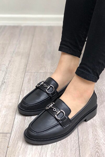 CanBambi Siyah Cilt Ortopedik Taban Kadın Loafer