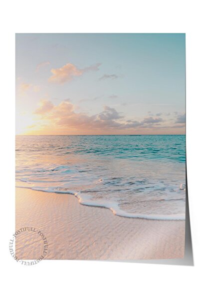 Postifull Poster fără ramă, pictură cu tematică de vară NR:102, fotografie de apus de soare și valuri, poster galben, vertical