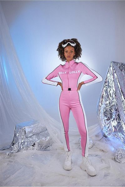 HOLLY LOLLY Special Snowy Jumpsuit with Belt Detailed Raised Logo Pink
