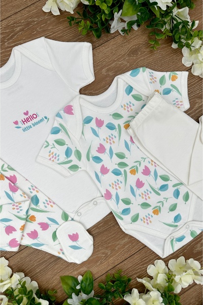 PATSAN 4 Parça Organik Pamuk Kız Bebek Çıtçıtlı Badi ve Patikli Alt Pijama Takımı Lale