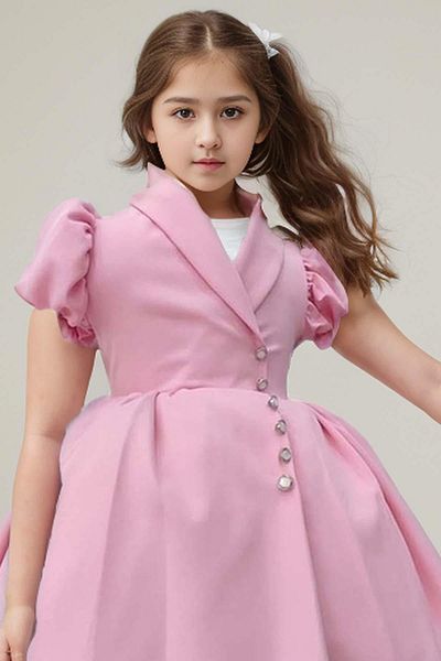 Riccotarz Girl's Powder Color Balloon Sleeve Dress - Button Detail, Fluffy Skirt