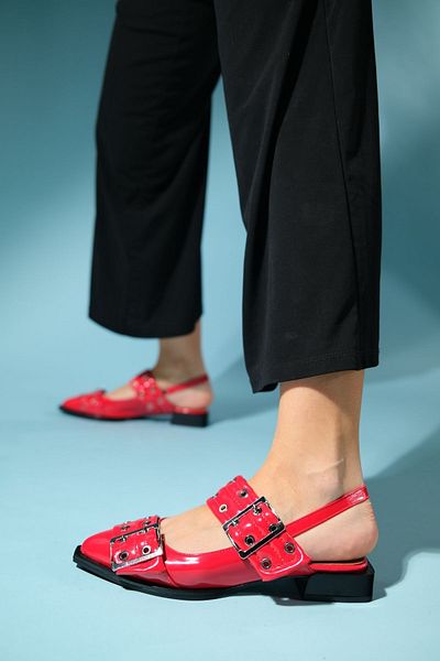 LuviShoes Red Patent Leather Paloma Silver Buckle Women's Sandals