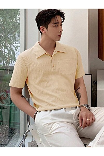 GENIUS STORE Oversize Men's Polo Collar T-Shirt - Waffle Patterned, Button Detailed
