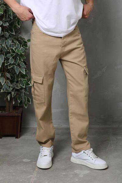 Cuqq Denim Erkek Kargo Cep Bej Baggy Pantolon