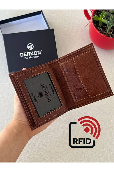 DERKON Genuine Leather Men's Wallet - Inside Out, RFID Protection, Tan