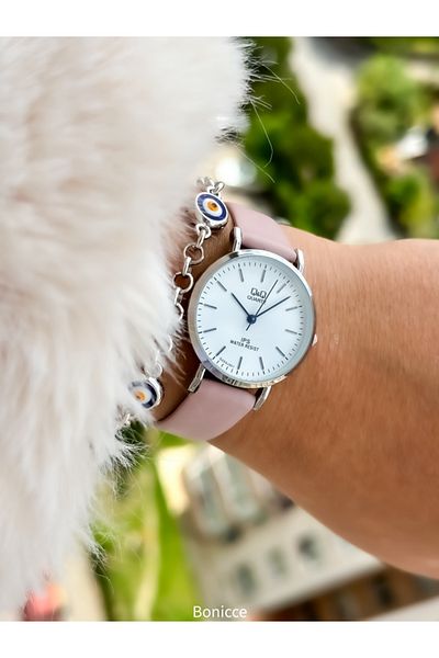 Q&Q Retro Pink Leather Corded Silver Case Polite Women's Wristwatch and Bracelet Set