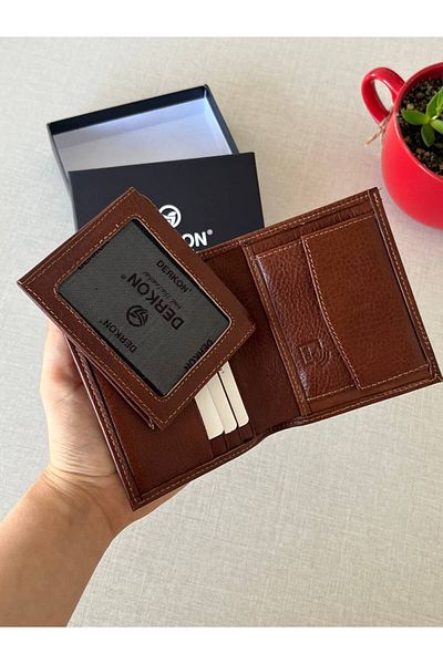 DERKON Genuine Leather Men's Wallet - Inside Out, RFID Protection, Tan