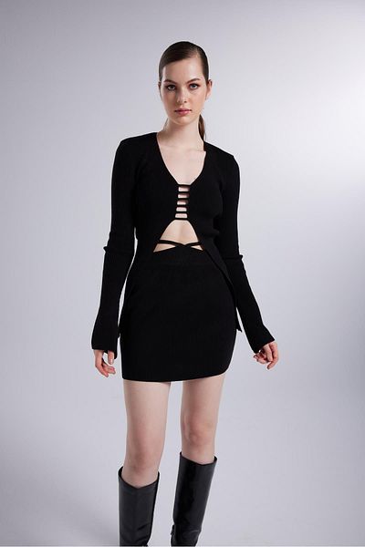 HOLLY LOLLY Fels Knitwear Mini Skirt with Tie Waist Detail Black