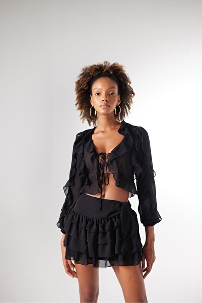 HOLLY LOLLY Fustă mini Elsa cu volan legată în talie neagră