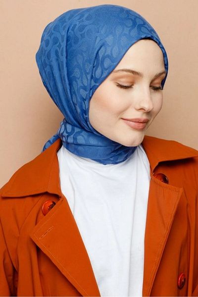 FRESCO SCARFS Γυναικείο σάλι Indigo - Hijab, μεταξένιο βαμβάκι, μοτίβο ζακάρ λουλουδιών