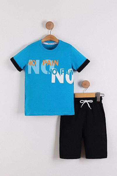 Pollito Tricou albastru cu imprimeu No Pain și pantaloni scurți pentru băieți - Set de 2