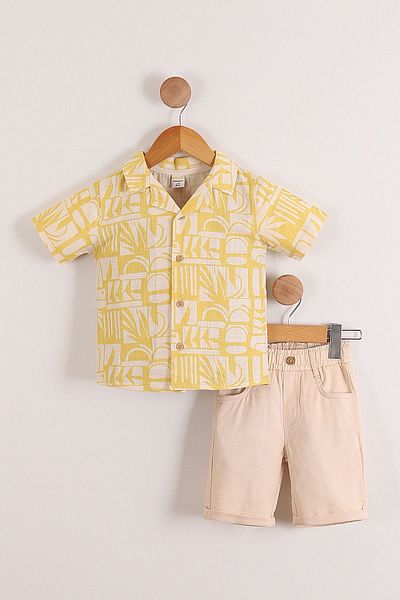 Pollito Yellow Linen Shirt and Cotton Shorts with Geometric Patterns for Boys - Set of 2