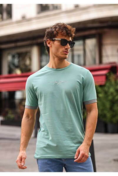 aziso Tricou pentru bărbați, slim fit, brodat verde - 100% bumbac, guler rotund