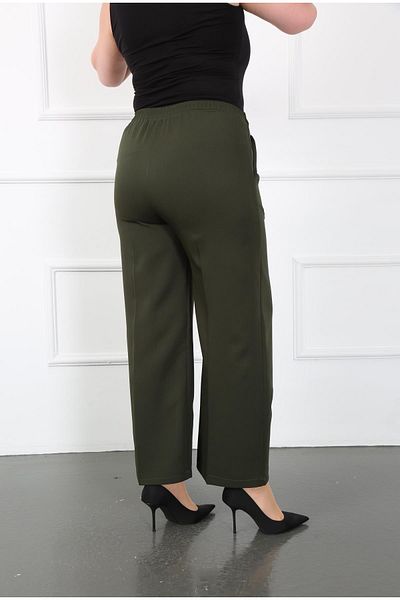 By Alba Collection Women's Khaki Dumbbell Fabric Belt Detail Elastic Waist Wide Leg Trousers