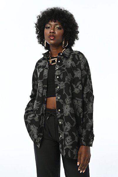 Orfeo Negro WOMEN'S CASUAL MOLD BLACK FLOWER PATTERNED SHIRT