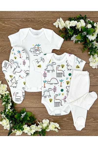 PATSAN Organic Cotton 4-Piece Baby Pajama Set - Colorful Dinosaurs with Snap Fasteners, Badi and Booties