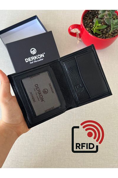 DERKON Genuine Leather Men's Black Wallet - with RFID Protection and Exit from the Inside