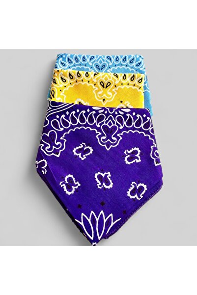 alsaccessories Γυναικείο έθνικ μοτίβο μωβ, κίτρινο και μπλε χρώμα 100% Koton 3 τεμαχίων μπαντάνα