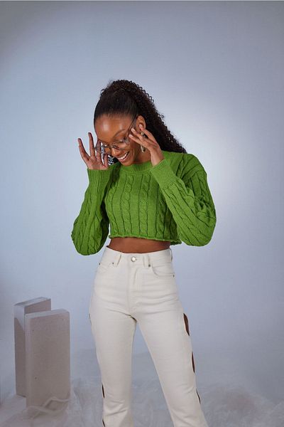 HOLLY LOLLY Crop Model Crew Neck Kötött Merit pulóver zöld
