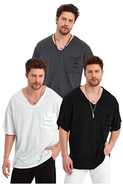 BABBOSS Πακέτο με 3 μπλουζάκια με λαιμόκοψη V Super Oversize - Λεπτομέρεια τσ...