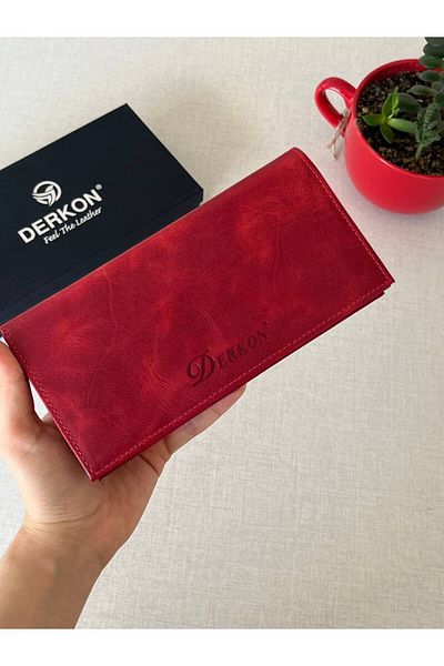 DERKON Red Genuine Leather Crazy Wallet - With Phone Compartment, Magnet