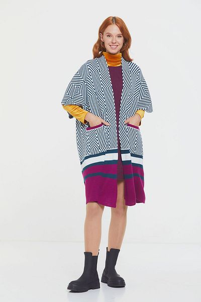 Clandestino Pink Long Patterned Authentic Knitwear Poncho