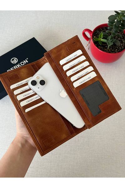 DERKON Crazy Genuine Leather Wallet - with Magnet and Phone Compartment, Tan