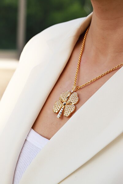 Aydın Kuyumculuk 14 AYAR ALTIN,HALAT ZİNCİRLİ PETEKLİ YONCA KOLYE AGKLY618