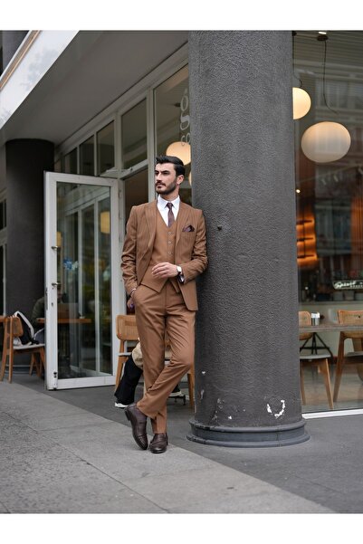 LONATOLİA Erkek Kahve Takım Elbise Slim Fit Italyan Stil Sivri Yaka Ceket Yelek Pantolon - Xprzcom820-05