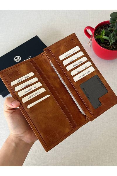 DERKON Crazy Genuine Leather Wallet - with Magnet and Phone Compartment, Tan