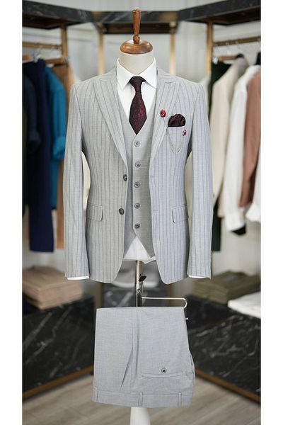 LONATOLİA Men's Gray Slim Fit Italian Style Suit - Pointed Collar Jacket, Vest, Trousers - Xprzcom820-17